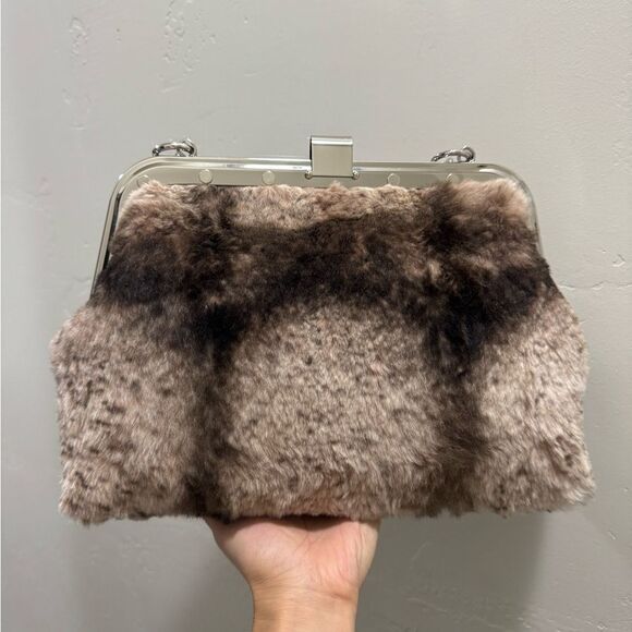 Real Rex Rabbit Fur Handmade Unique Rivet Frame Push Lock Handbag, Crossbody - Picture 9 of 16